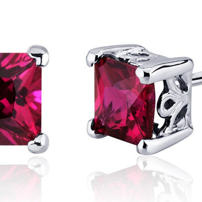 Ruby Stud Earrings Sterling Silver Princess Cut 3 Carats