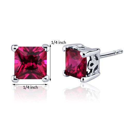 Ruby Stud Earrings Sterling Silver Princess Cut 3 Carats