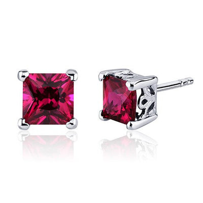 Ruby Stud Earrings Sterling Silver Princess Cut 3 Carats