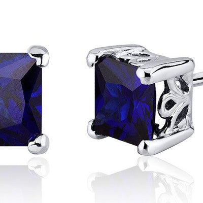 Blue Sapphire Stud Earrings Sterling Silver Princess Cut 2.5 Ct