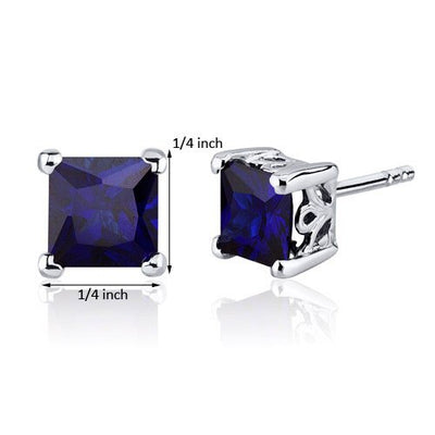 Blue Sapphire Stud Earrings Sterling Silver Princess Cut 2.5 Ct