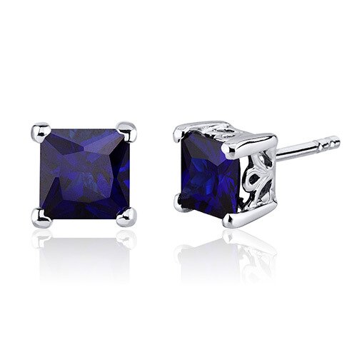 Blue Sapphire Stud Earrings Sterling Silver Princess Cut 2.5 Ct