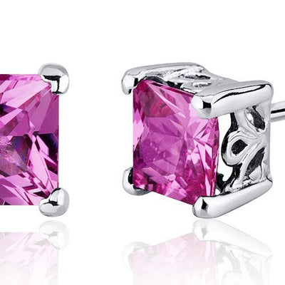 Pink Sapphire Stud Earrings Sterling Silver Princess Cut 3 Cts