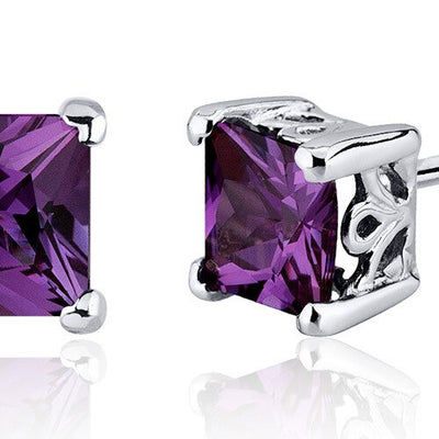 Alexandrite Stud Earrings Sterling Silver Princess Cut 3 Carats