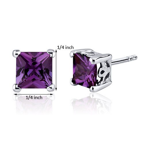 Alexandrite Stud Earrings Sterling Silver Princess Cut 3 Carats