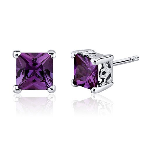 Alexandrite Stud Earrings Sterling Silver Princess Cut 3 Carats