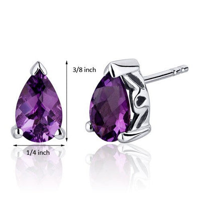 Amethyst Stud Earrings Sterling Silver Pear Shape 1.5 Carats