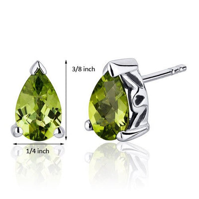 Peridot Stud Earrings Sterling Silver Pear Shape 1.5 Carats