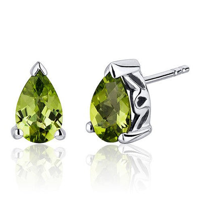 Peridot Stud Earrings Sterling Silver Pear Shape 1.5 Carats