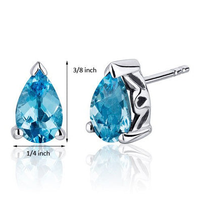 Swiss Blue Topaz Stud Earrings Sterling Silver Pear Shape 2 Cts