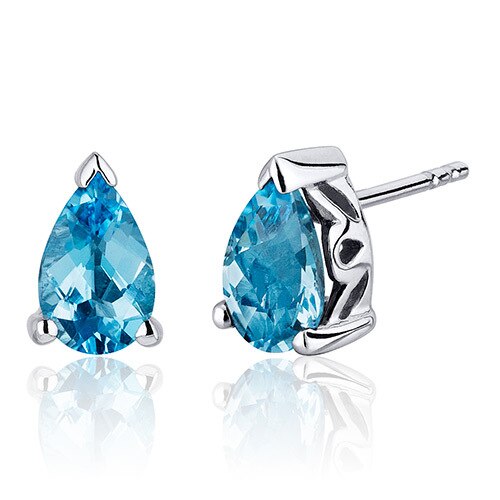 Swiss Blue Topaz Stud Earrings Sterling Silver Pear Shape 2 Cts