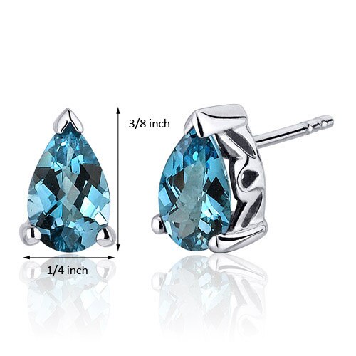 London Blue Topaz Stud Earrings Sterling Silver Pear Cut 1.5 Ct