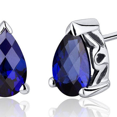 Blue Sapphire Stud Earrings Sterling Silver Pear Shape 2 Carats