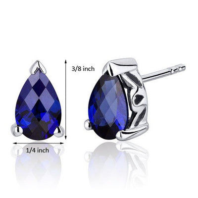 Blue Sapphire Stud Earrings Sterling Silver Pear Shape 2 Carats