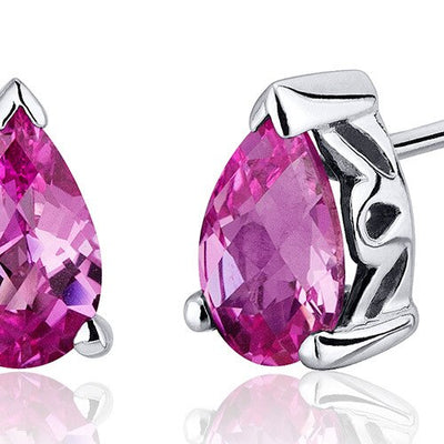 Pink Sapphire Stud Earrings Sterling Silver Pear Shape 2 Carats