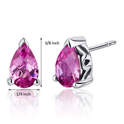 Pink Sapphire Stud Earrings Sterling Silver Pear Shape 2 Carats