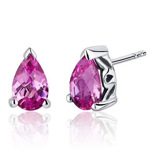 Pink Sapphire Stud Earrings Sterling Silver Pear Shape 2 Carats