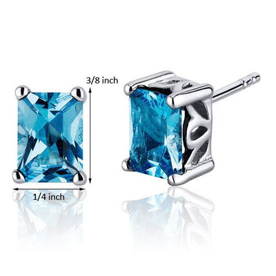 Swiss Blue Topaz Stud Earrings Sterling Silver Radiant Cut 2 Ct