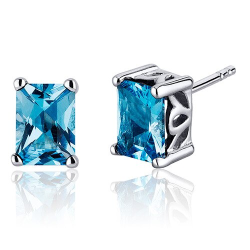 Swiss Blue Topaz Stud Earrings Sterling Silver Radiant Cut 2 Ct