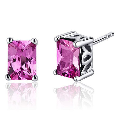 Pink Sapphire Stud Earrings Sterling Silver Radiant Cut 2.5 Cts