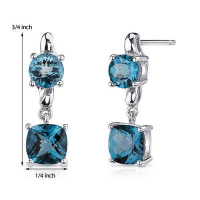 London Blue Topaz Earrings Sterling Silver Cushion Cut 3.25 Cts