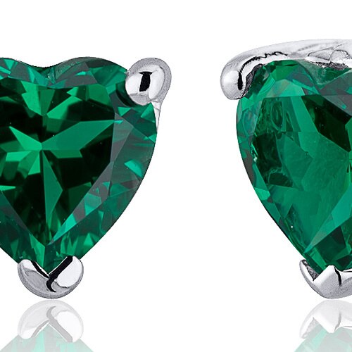 Emerald Earrings Sterling Silver Heart Shape 1.5 Carats