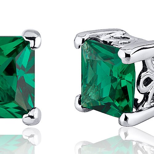 Emerald Earrings Sterling Silver Princess Cut 2 Carats