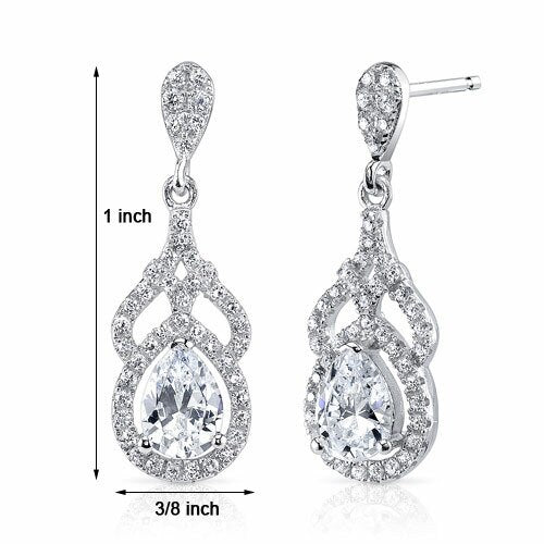 Cubic Zirconia Earrings Sterling Silver Pear Shape 1.25 Carats