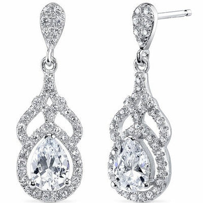 Cubic Zirconia Earrings Sterling Silver Pear Shape 1.25 Carats