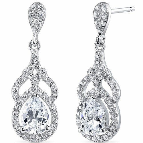 Cubic Zirconia Earrings Sterling Silver Pear Shape 1.25 Carats