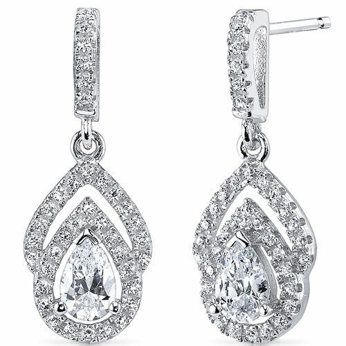 Cubic Zirconia Earrings Sterling Silver Pear Shape 1 Carats