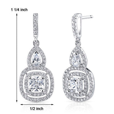 Sterling Silver Double Halo Style Cushion and Pear Cut 1.91 Carats Cubic Zirconia Earrings