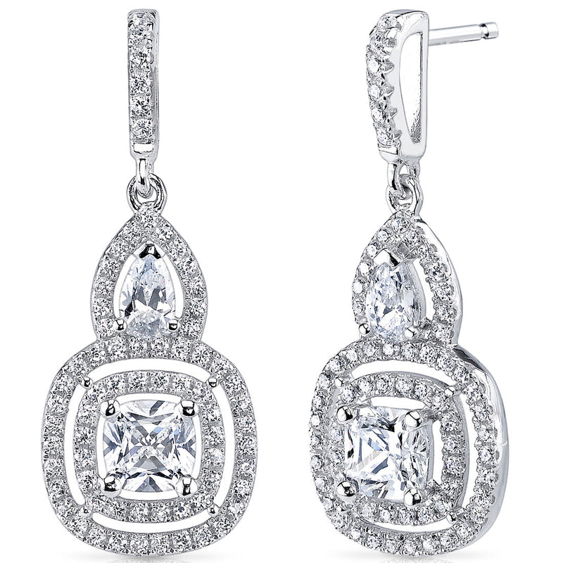 Sterling Silver Double Halo Style Cushion and Pear Cut 1.91 Carats Cubic Zirconia Earrings