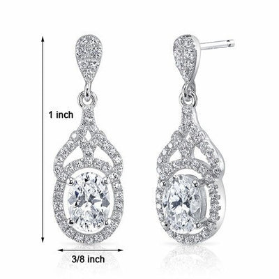 Cubic Zirconia Earrings Sterling Silver Oval Shape 1.25 Carats