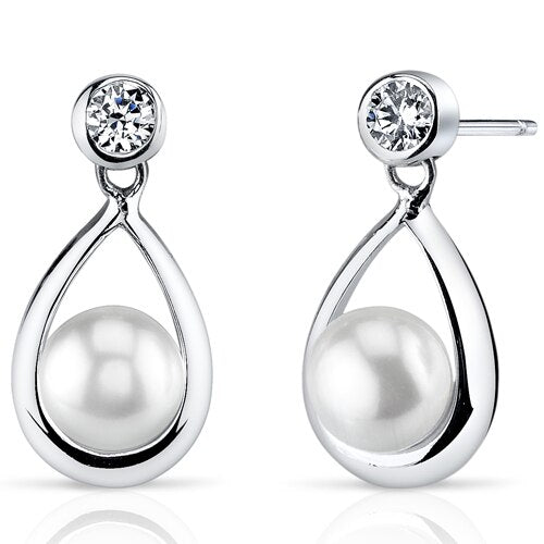 Freshwater Cultured 6.5mm White Pearl Open Teardrop Earrings Sterling Silver