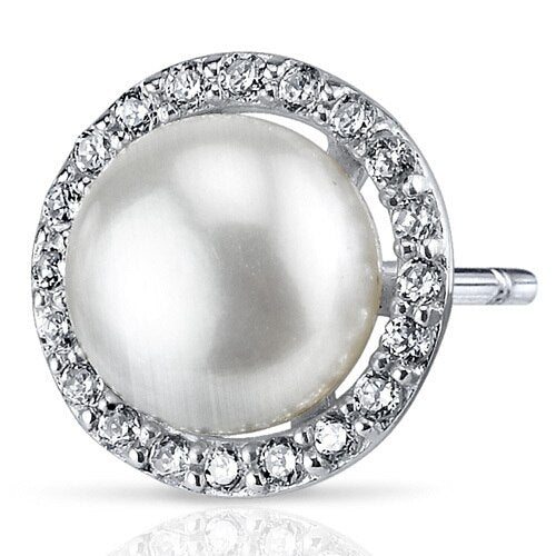 Freshwater Cultured 7.5mm White Pearl Empress Halo Stud Earrings Sterling Silver