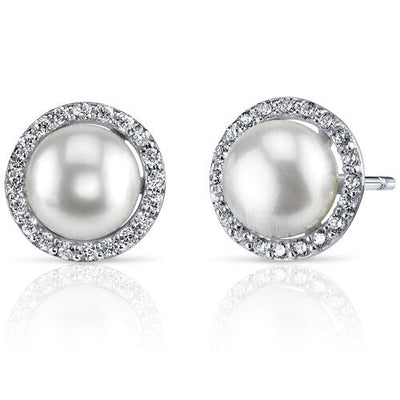 Freshwater Cultured 7.5mm White Pearl Empress Halo Stud Earrings Sterling Silver