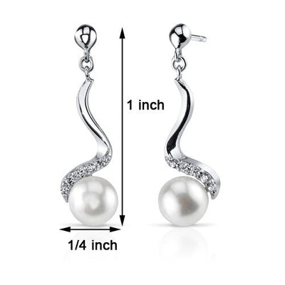 Freshwater Cultured 7mm White Pearl Dainty Swirl Drop Earrings Sterling Silver