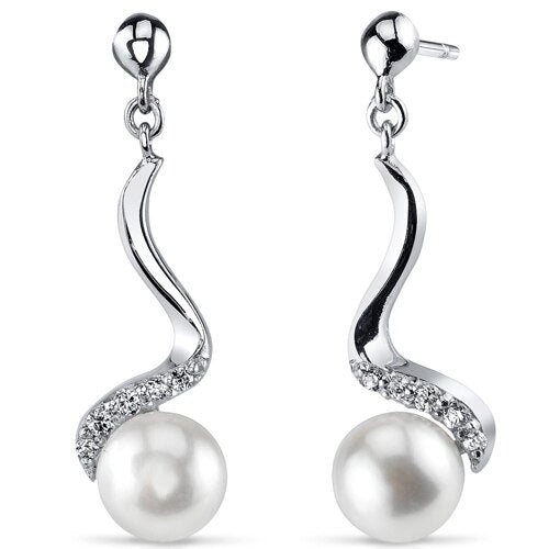 Freshwater Cultured 7mm White Pearl Dainty Swirl Drop Earrings Sterling Silver