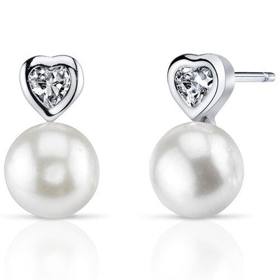 Freshwater Cultured 8.5mm White Pearl Heart Drop Stud Earrings Sterling Silver