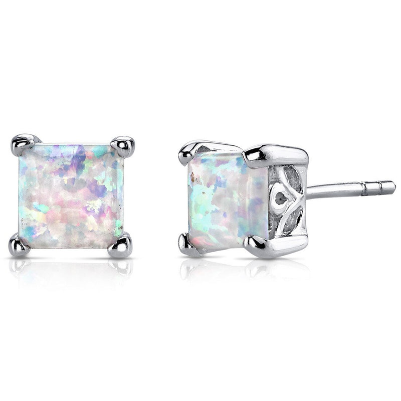 Opal Stud Earrings Sterling Silver Princess Cut 2.00 Cts