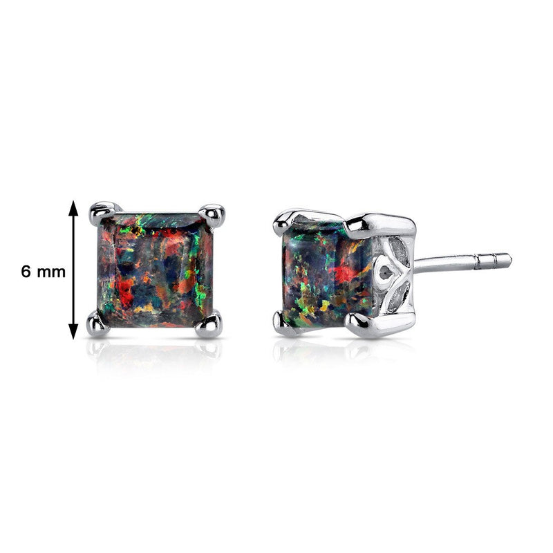 Black Opal Stud Earrings Sterling Silver Princess Cut 1.00 Cts