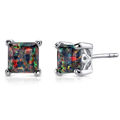 Black Opal Stud Earrings Sterling Silver Princess Cut 1.00 Cts