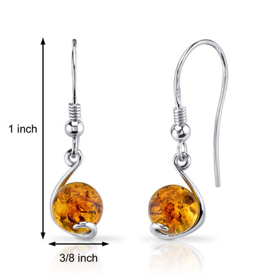 Baltic Amber Spherical Fishhook Earrings Sterling Silver Cognac Color