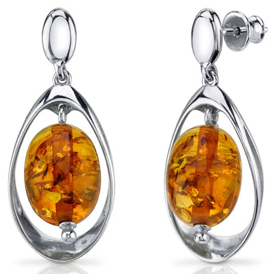 Baltic Amber Earrings Sterling Silver Cognac Color Oval Shape