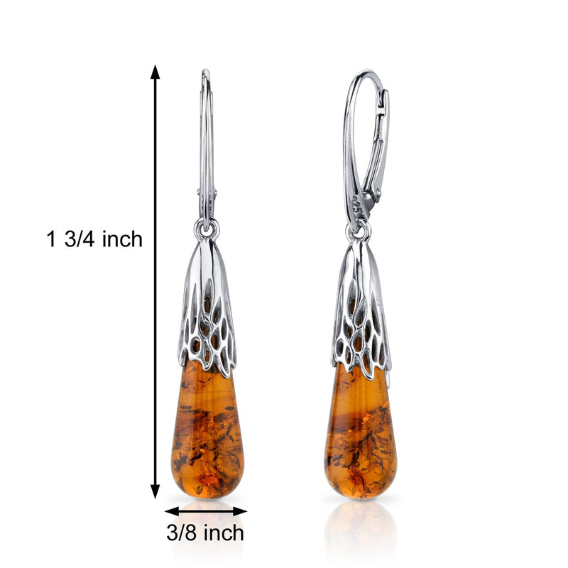 Baltic Amber Earrings Sterling Silver Cognac Color Tear Drop