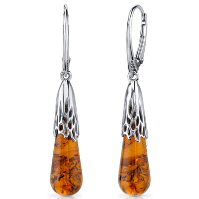 Baltic Amber Earrings Sterling Silver Cognac Color Tear Drop