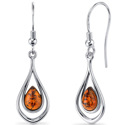 Baltic Amber Dangle Earrings Sterling Silver Cognac Tear Drop