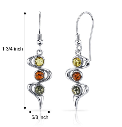 Three Stone Baltic Amber Earrings Sterling Silver Green Honey Cognac