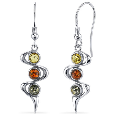 Three Stone Baltic Amber Earrings Sterling Silver Green Honey Cognac